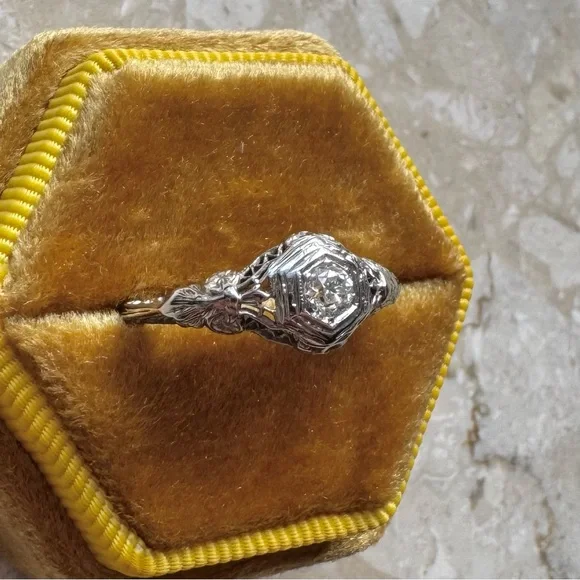 Antique Filigree 14k White Gold Old Mine Cut Diamond Engagement Ring - Picture 12 of 16